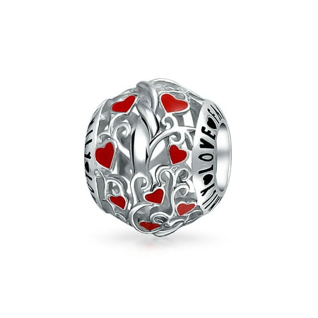 Ladies Silver Charm Red Silver Round I Love You Word Heart Charm Bead For Women For Teen 925 Sterling Silver Fits European Charm Bracelet ()