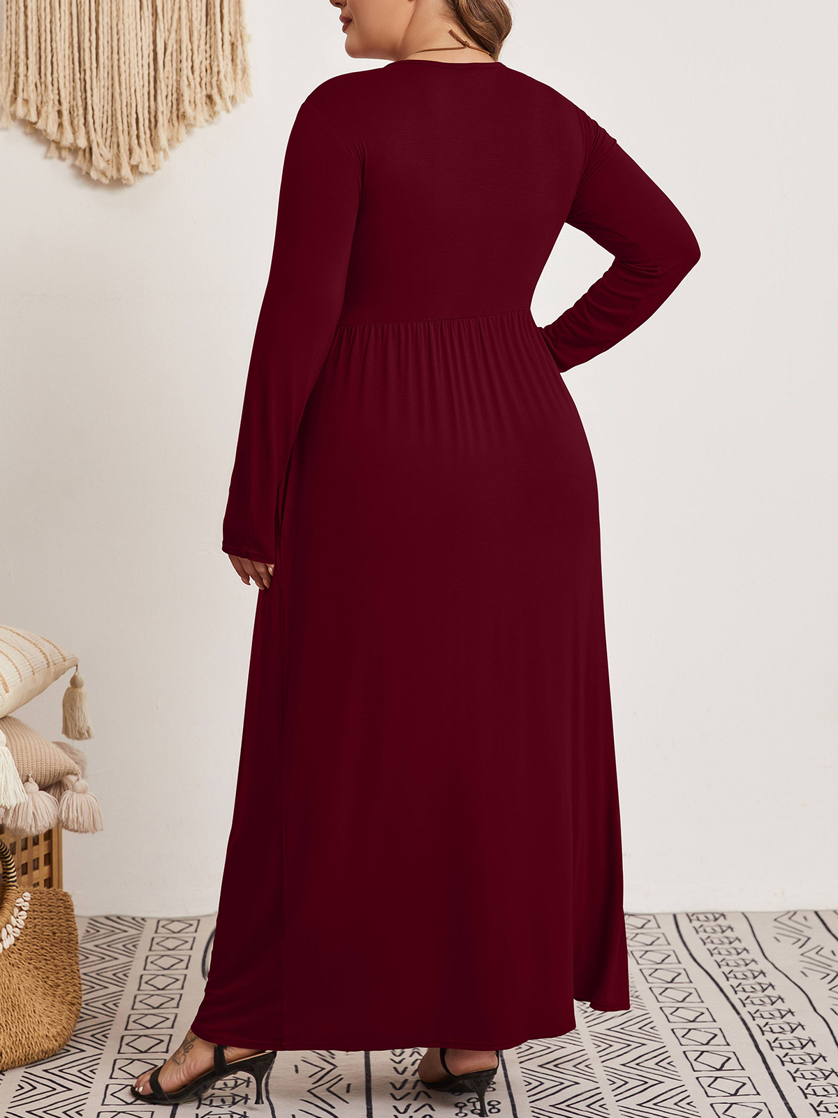 Mengpipi Women's Plus Size Long Sleeve Maxi Dress, Red photo 4