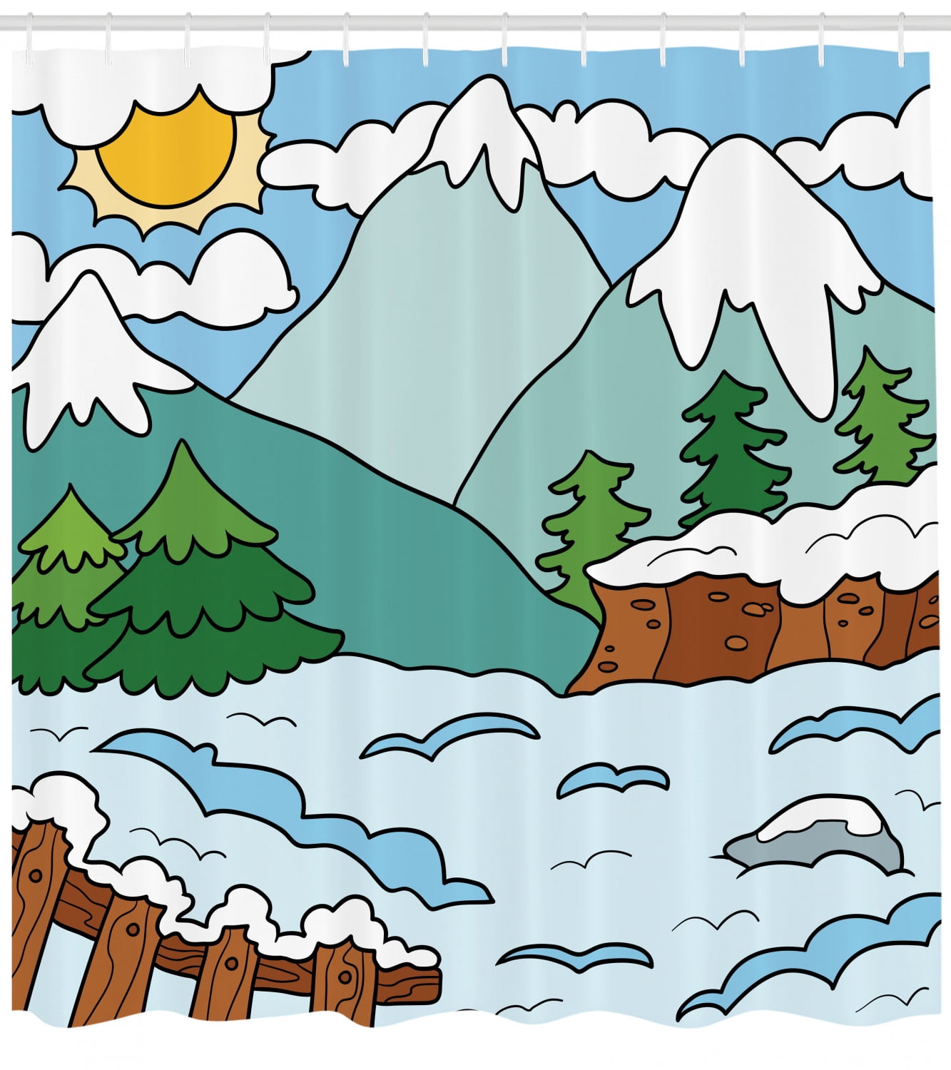 Northwoods Shower Curtain, Cartoon Winter Mountains ...