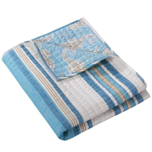 Levtex Home - Blue Maui - Quilted Throw - 50x60in. - Striped Coastal Design in Light Blue, Cream and Tan - Reversible Pattern - Cotton Fabric