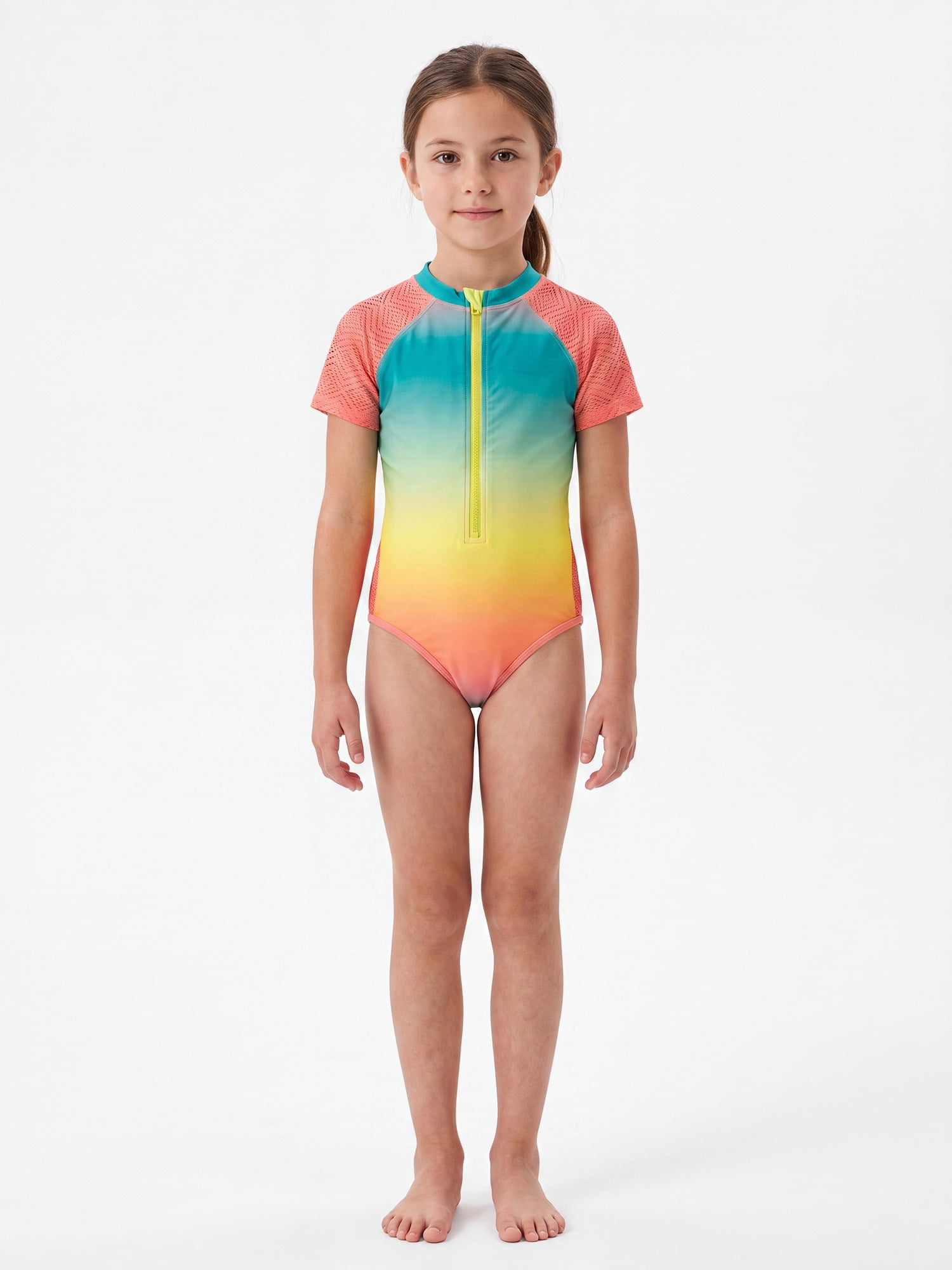 Ocean Gear Girls One Piece Zip Short Sleeve Swim Suit, Sizes 4-18