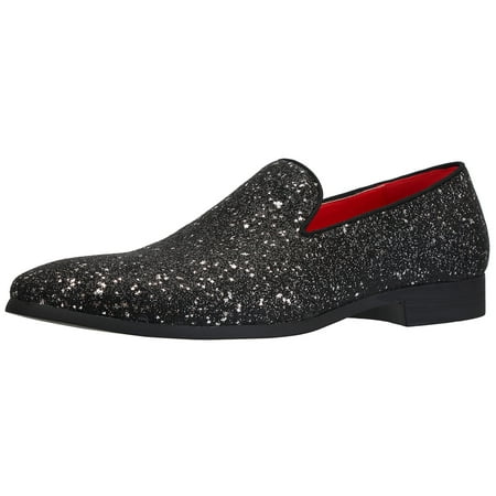 Santimon Leather Paillette Loafers Business Dress Shoes Glitter Slip-on Casual Shoes Black 8 US
