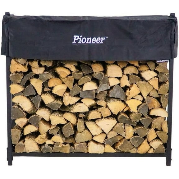 Woodhaven Pioneer 4' Firewood Rack with Cover - Black - Steel Outdoor Log Holder With Cover - Made In The USA - Powder Coat Finish