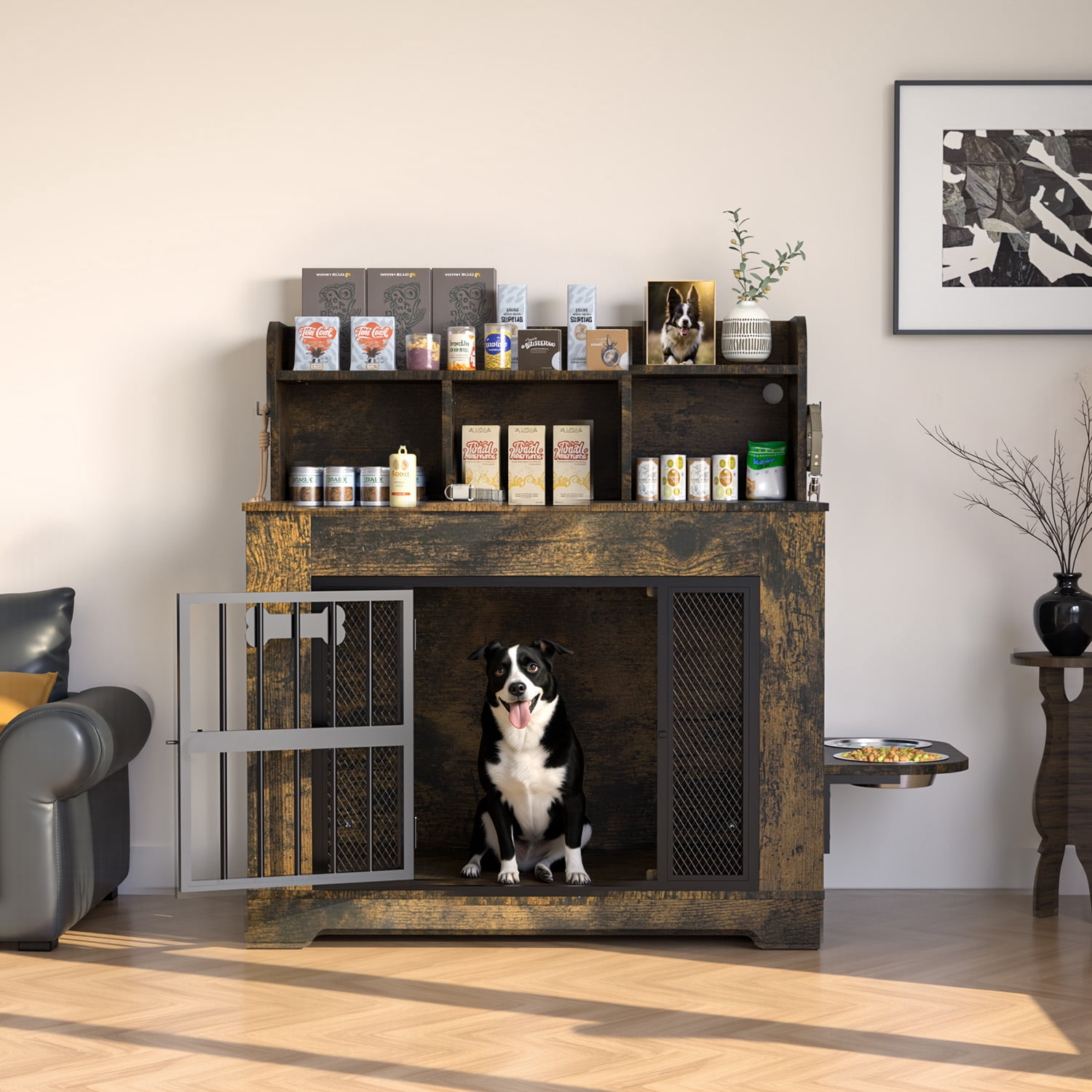 Behost 34" Dog Crate Furniture for Small /Medium Dogs with LED Light Feeding Bowls, Dual-Layer Storage, Decorative Dog Kennel for Indoor ,Rustic Brown