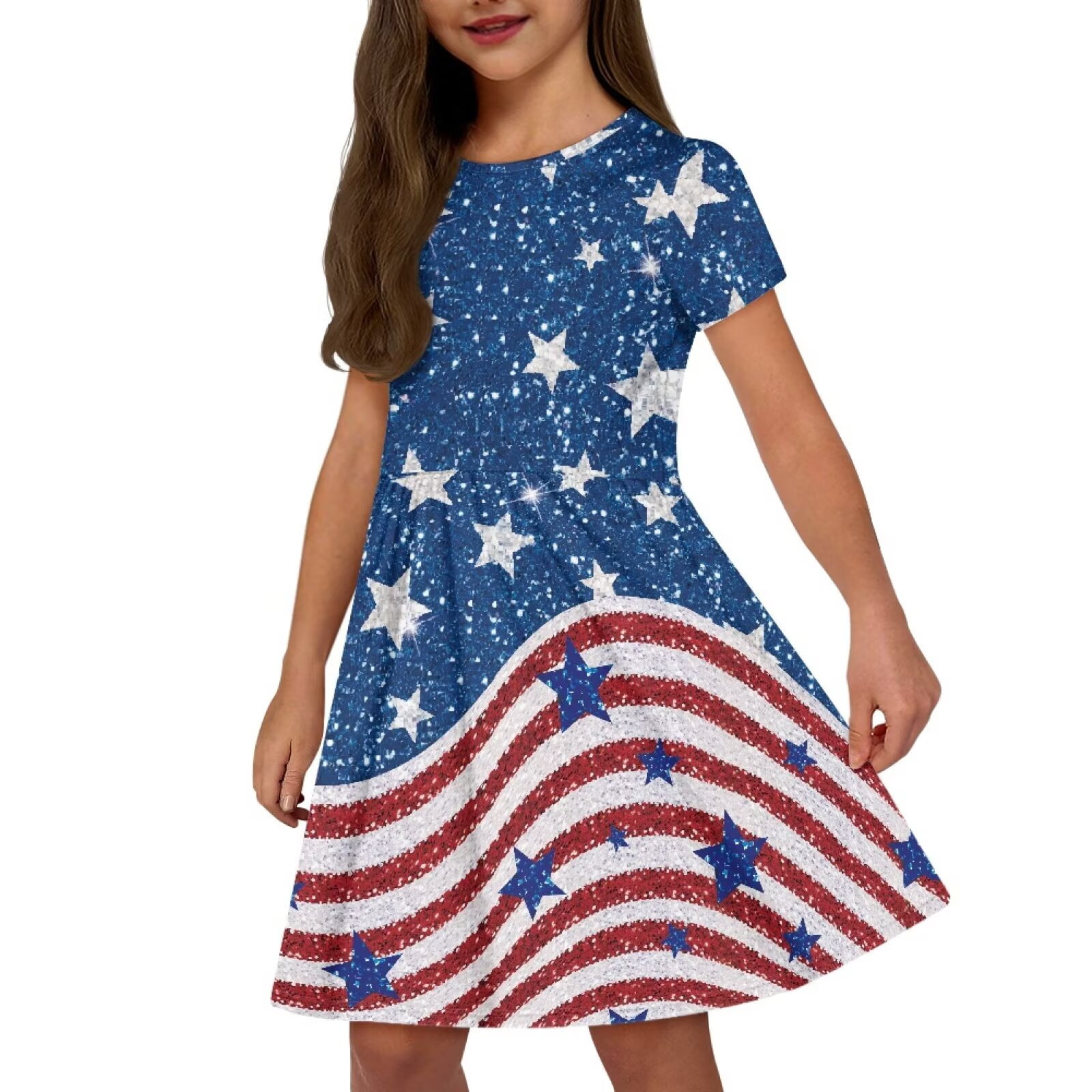 Uourmeti American Flag Patriot Girls Short Sleeve Dress Summer Casual Crew Neck Midi Independence Day School Swing Dresses July 4th Lightweight Soft A-Line Dress Beach Dresses with Pockets