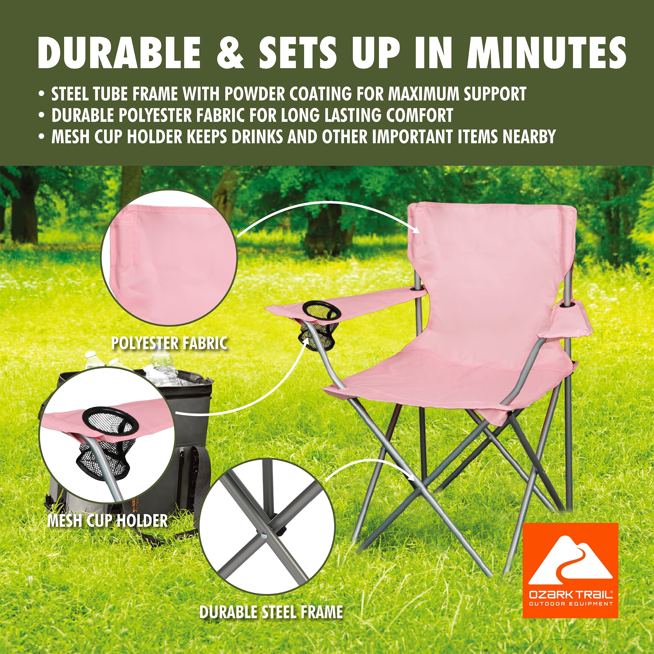 Ozark Trail Quad Folding Camp Chair with Cup Holder, Coral