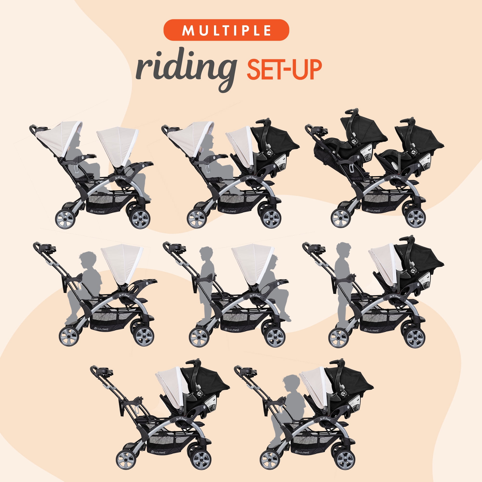Baby Trend Double Stroller w/ Infant Car Seats, Sit N' Stand & Ally 35, Khaki, Combo