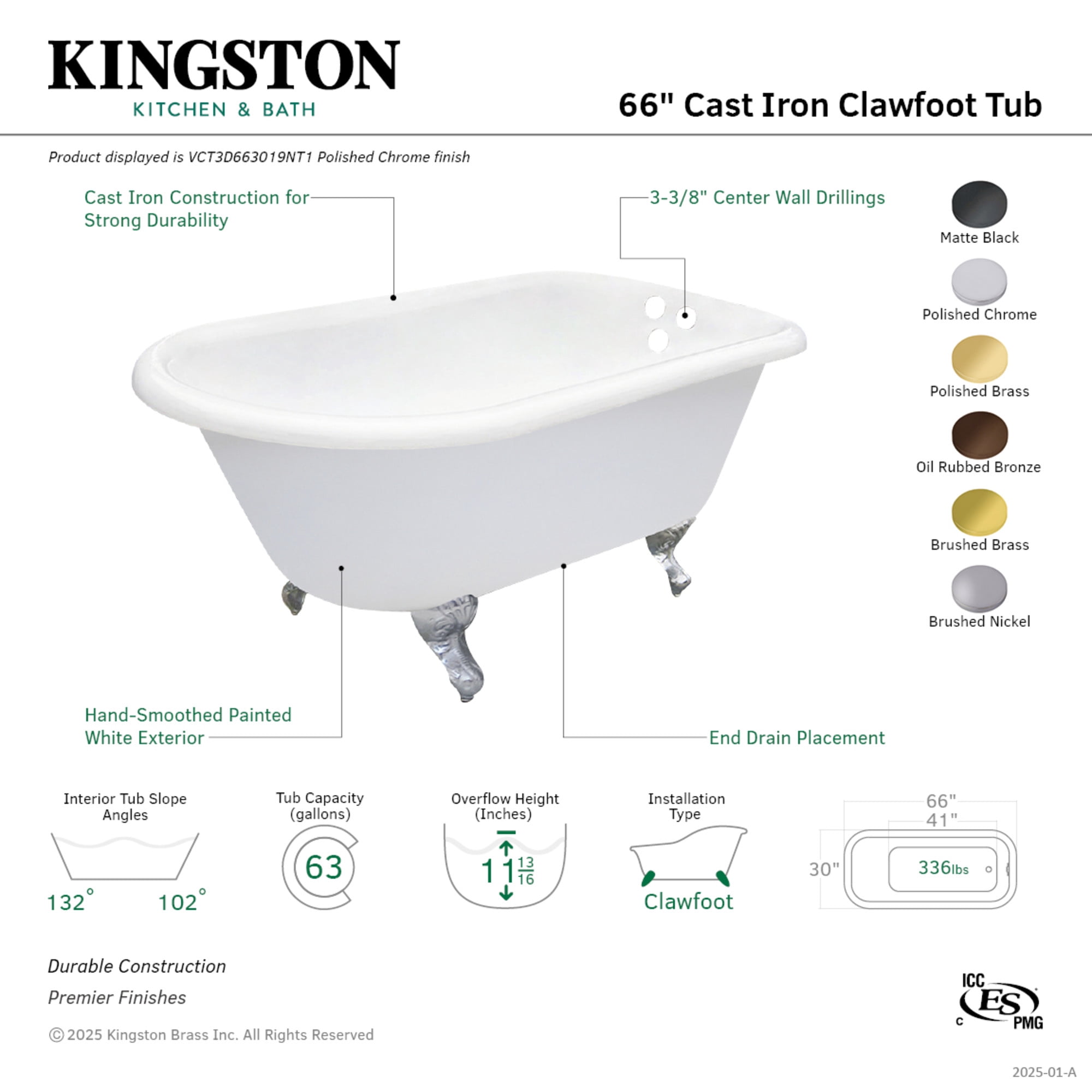 Aqua Eden VCT3D663019NT0 66" Cast Iron Oval Rectangular Roll Top Clawfoot Tub (3-3/8" Wall Drillings), White/Matte Black