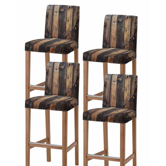 Black Brown Board Bar Stool Covers Set of 4, Vintage Chic Shabby Wooden Grain Stretch Washable Bar Chair Covers with Backs, Removable Pub Counter Height Chair Cover for Kitchen Dining Room Cafe