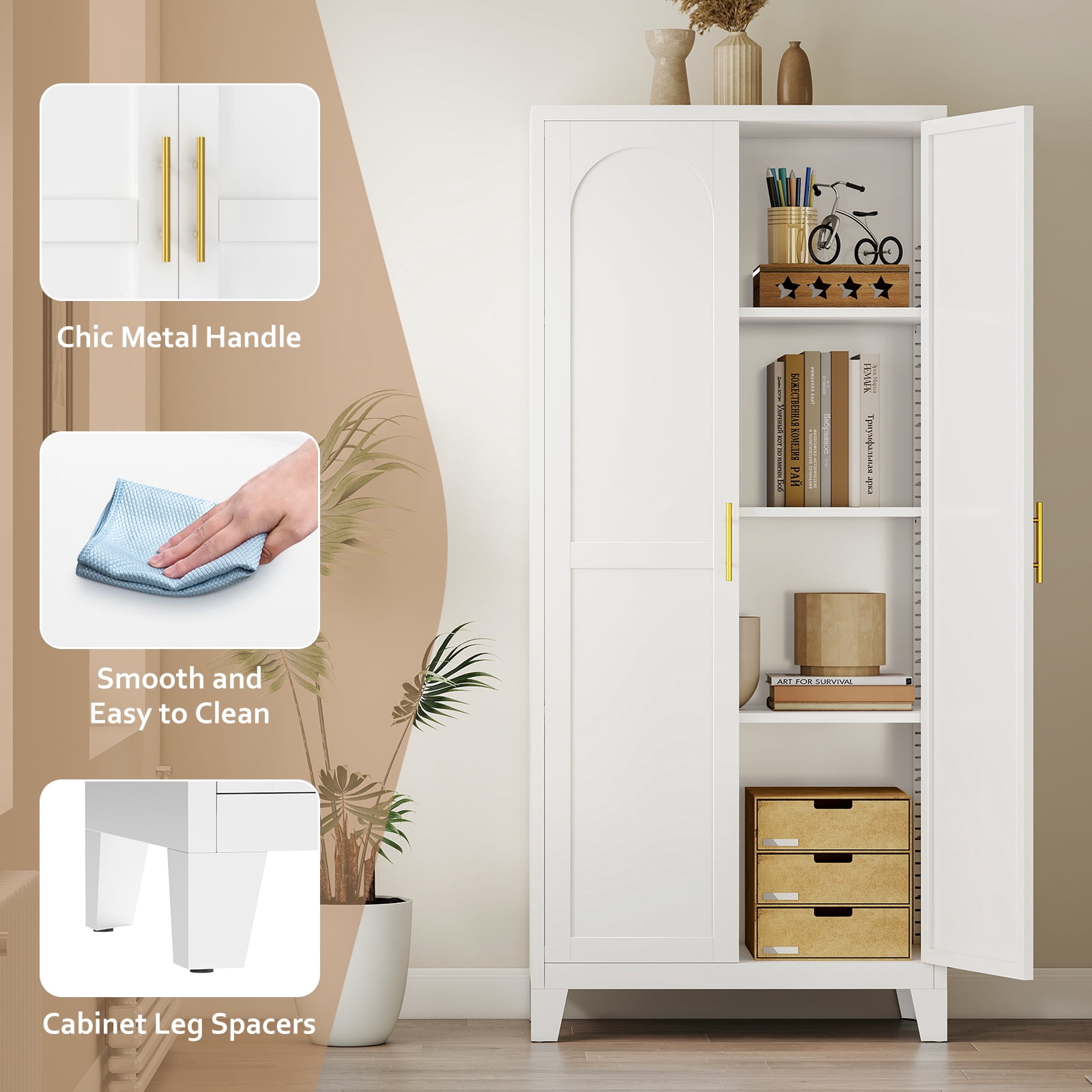 LIZEVINC 61.2in Pantry Cabinet, Metal Shapely Doors Cabinet with Doors and Adjustable Shelves, Food Pantry Cabinet for Kitchen,Dinning Room- Assembly Required(White)