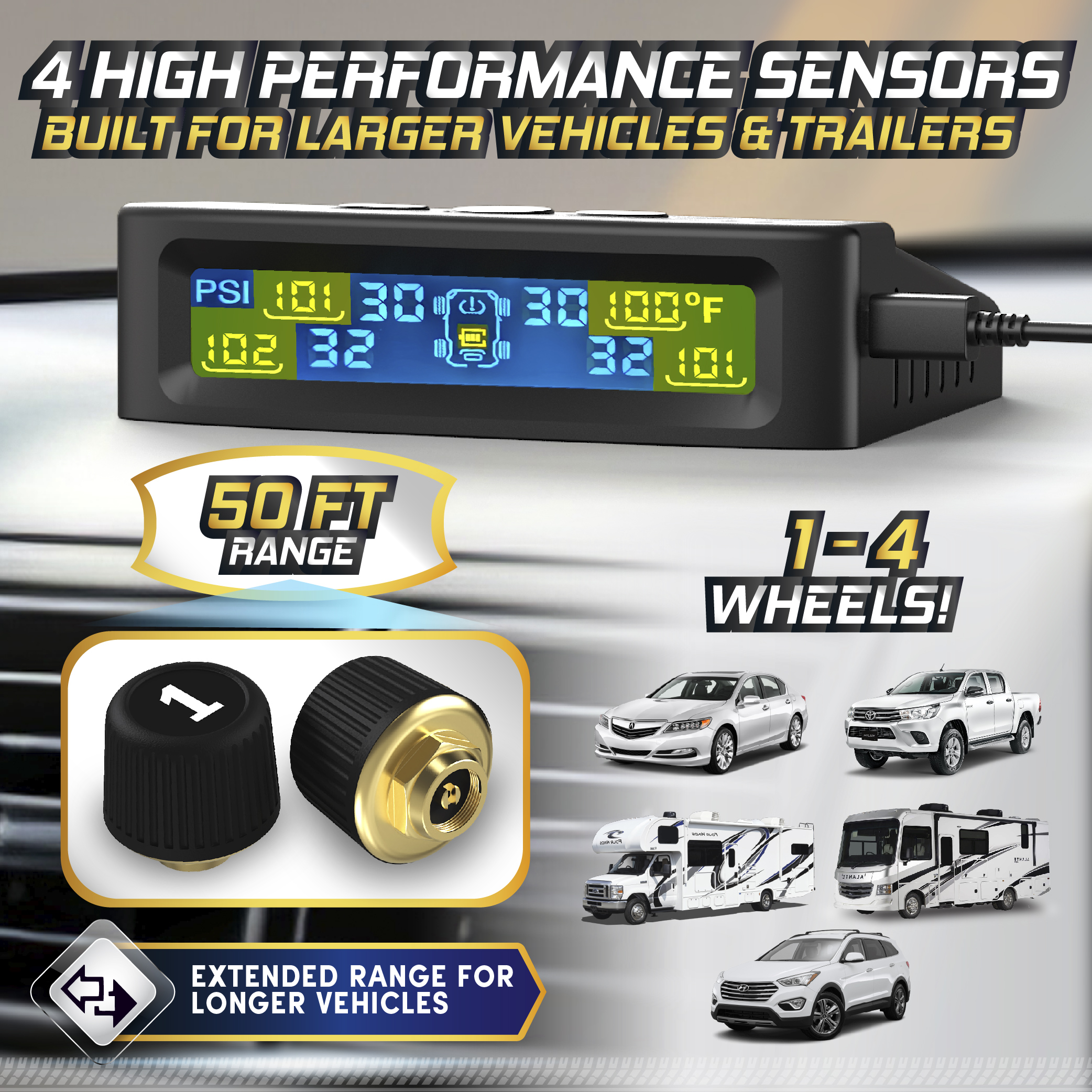 Marcala 2026 V2.0 TPMS Sensors Set of 4 | 50ft Extended Range Version | Tire Pressure Sensors Pack of 4 | 0-98PSI for RV/Camper/Trailer/Truck | Solar Charge & 6 Alarm Modes | Prevent Flats & be Safer