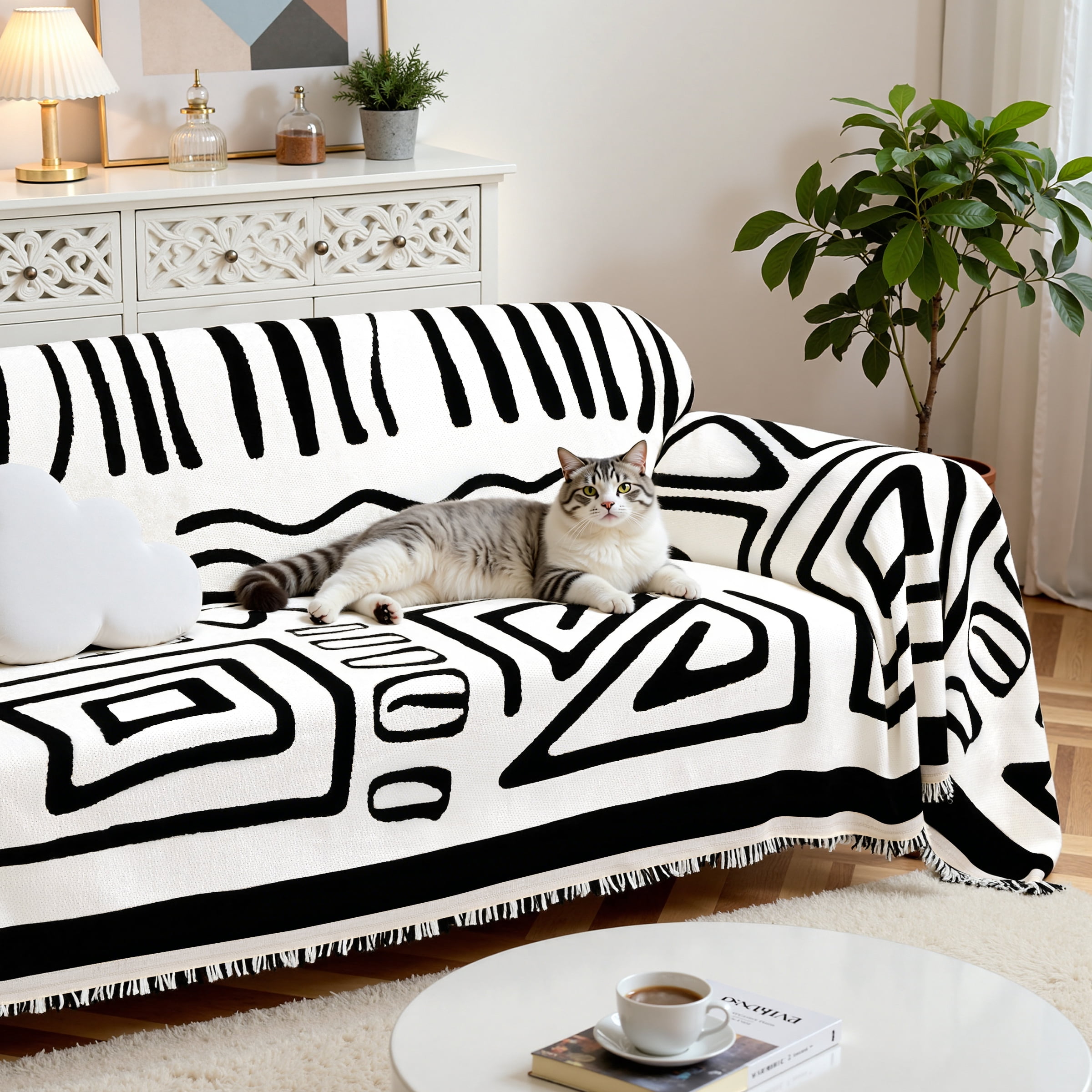 Dyfun Boho Reversible Sofa Cover - Pet-Proof Chenille Couch Protector & Decorative Throw for 3-Cushion Couches, 71"x134"