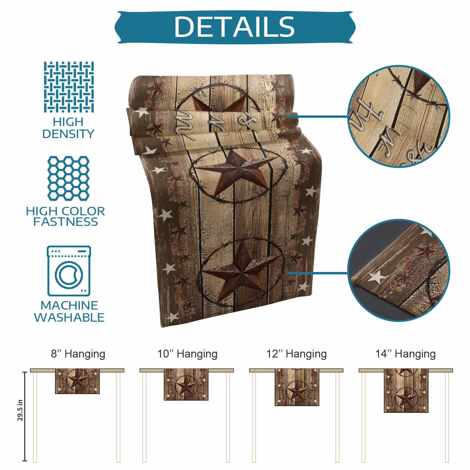 Rustic Country Table Runner 48 Inches, Western Stars Brown Texture Wooden Print Bed Runner Dresser Scarves Tabletop for Indoor Outdoor Parties/Ceremony/Banquet, 13" x 48"