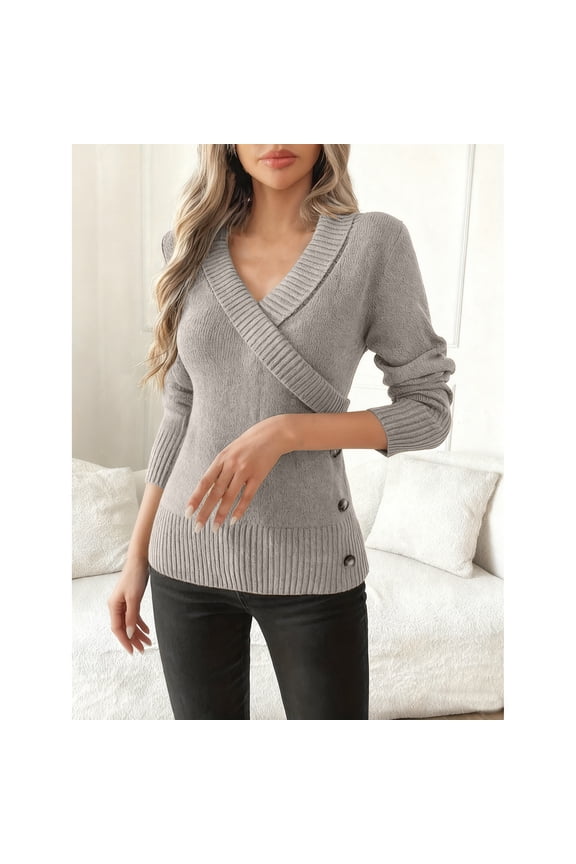 Womens Sweaters with Ribbed Detailing Soft Knitted Side Buttons Wrap V Neck Slim Fit Dressy Casual Tunic Tops (XL, Gray)