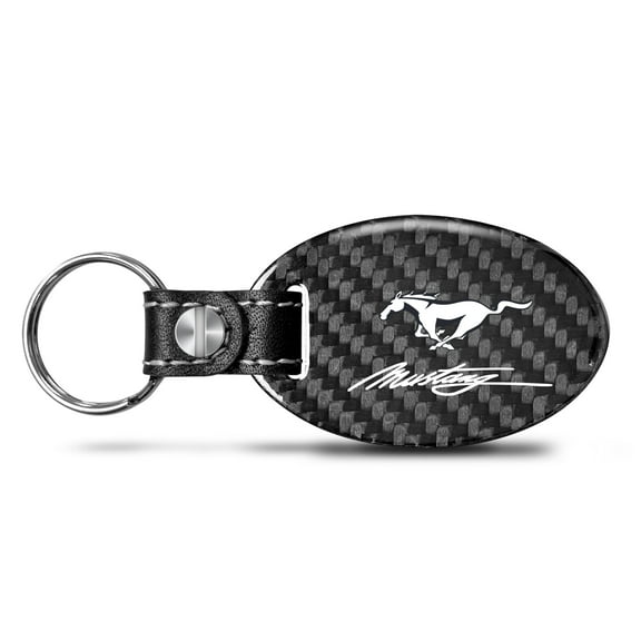 Ford Mustang Script Real Carbon Fiber Oval Shape Black Leather Strap Key Chain