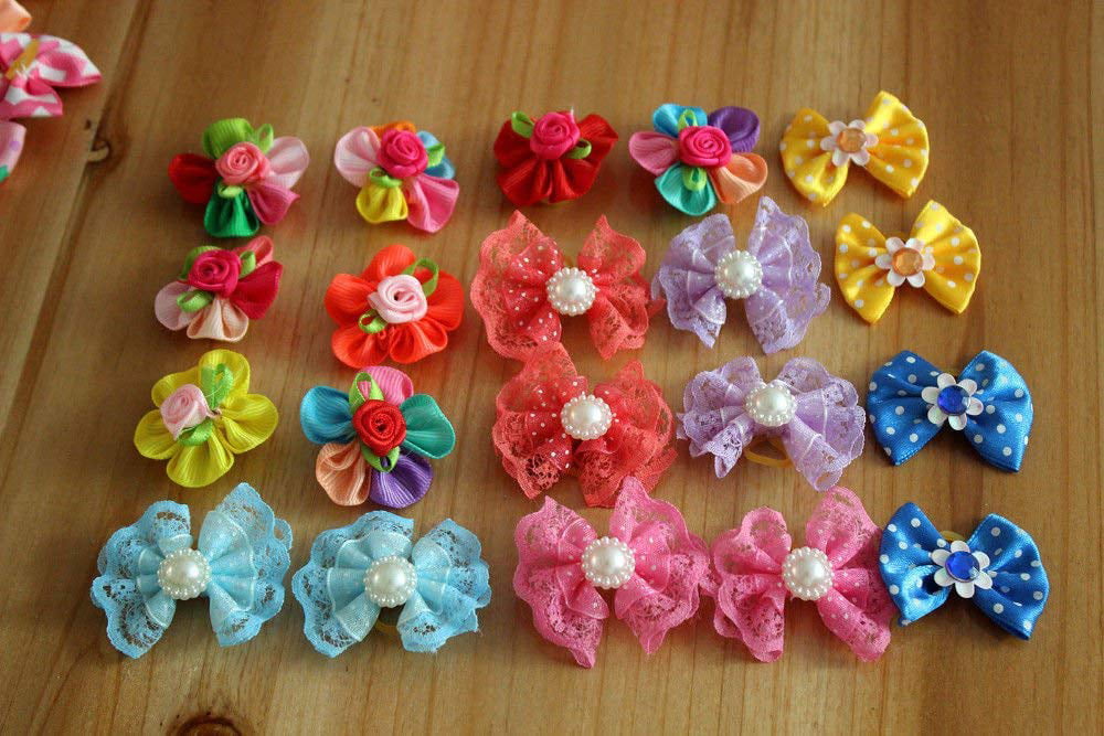 yagopet 20pcs/10pairs Dog Hair Bows with Rubber Bands Petal Flower Dog Topknot with Flower Pearls Nice Dog Topknot Bows Pet Dog Grooming Bows Pet Supplies Dog Bows Hair Accessories 