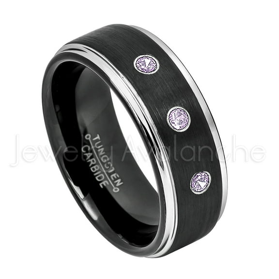 2-Tone Black Tungsten Wedding Band - 0.21ctw Amethyst 3-stone Band - Personalized Tungsten Wedding Ring - Custom Made February Birthstone Ring TN670BS