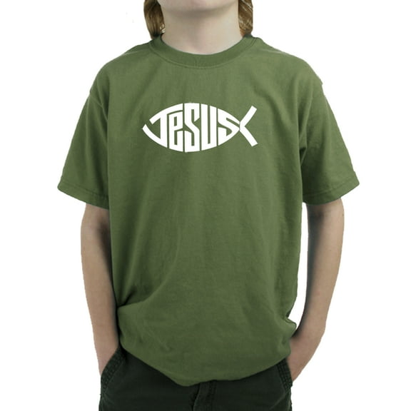 LA Pop Art Boy's Word Art T-shirt - Christian Jesus Name Fish Symbol