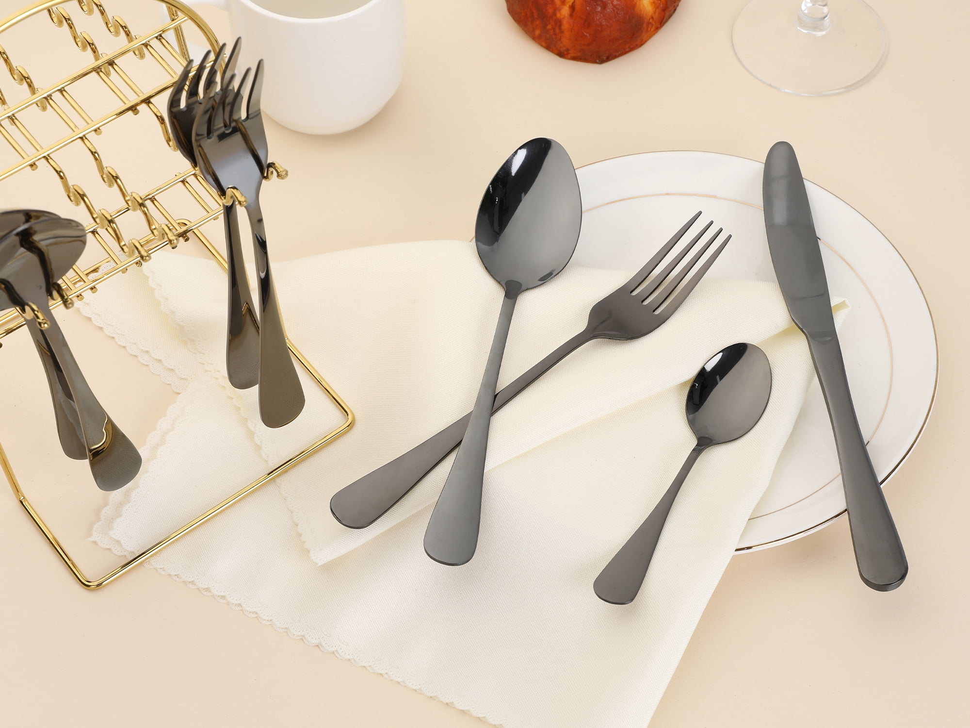 Unique Bargains 24 Pcs Stainless Steel Flatware Set with Supporting Shelf Black