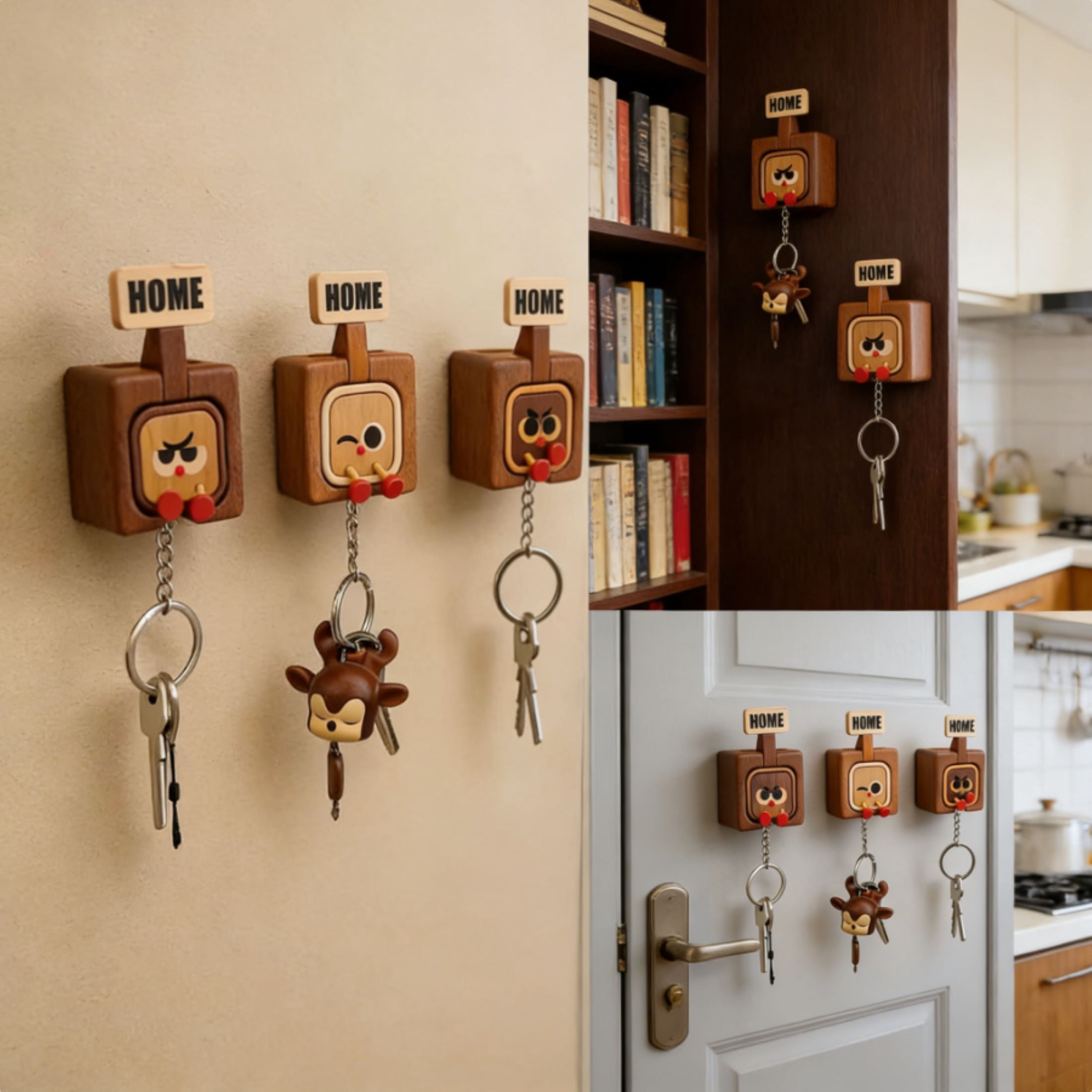 Creative Wooden Key Hook For Wall, Fun "Go Home/Go Out" Slider Solid Wood Wall Mounted Organizer For Corridor Decoration Magnetic Entrance Key Manager.