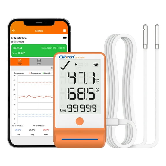 Elitech GSP-6 Bluetooth Data Logger Temperature Humidity with Shadow Data 100000 Points Data Storage Export, Pharmacy Vaccine DDL Calibration Certificate, MAX MIN AVR MKT GSP-6 with dual probe TE/THE
