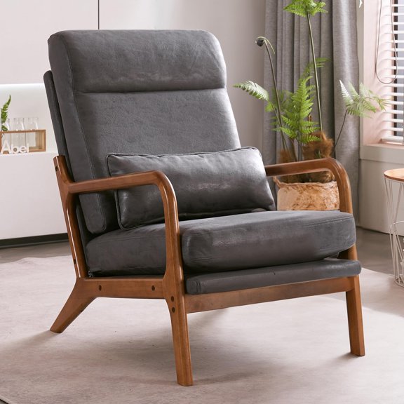 Mid-Century Modern Accent Armchair With Pillow, Bronzing Gray Upholstery &