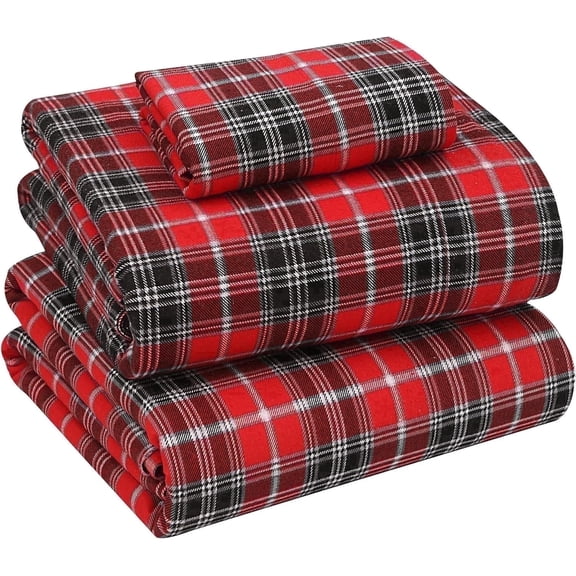 RUVANTI Flannel Sheets Twin Size - 100% Cotton Double Brushed Twin Sheets Set, Deep Pockets 16 Inches, All Seasons Breathable & Extra Soft Bed Sheets, Warm & Cozy, 3 Piece, Red Plaid