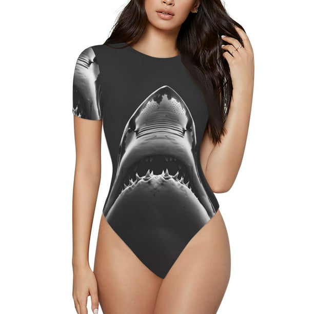 Balery Black And White Shark Body de cuello redondo de manga corta para mujer Tops de manga corta Tops básicos-Medium
