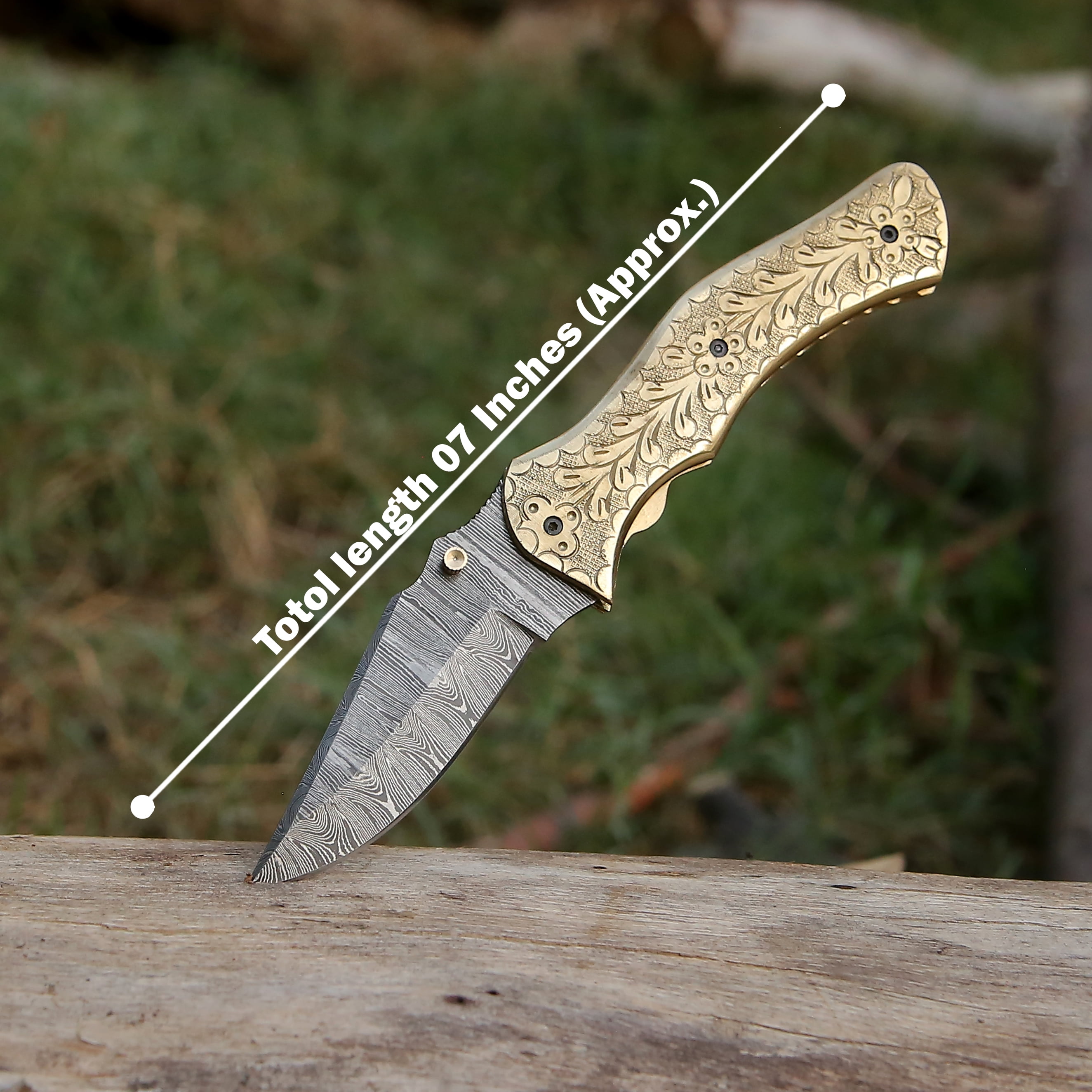 Smart & Sharp Custom Handmade Damascus Steel Fish Knife/Folding Knife/Pocket Knife SS-17513(Brass Engraved Handle)