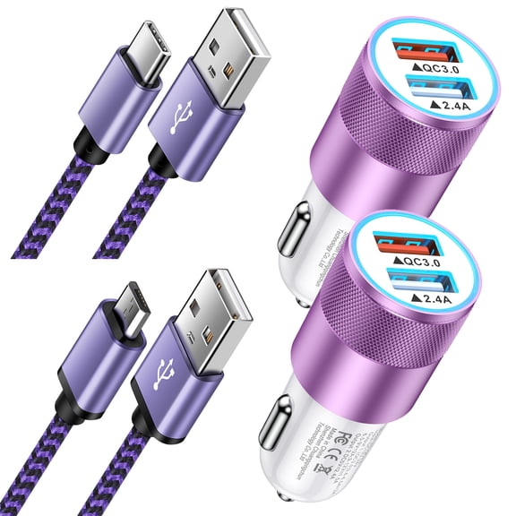 Car Charger Fast Charging, 2 Pack Dual Port Car Charger Adapter with 6FT Type C Micro Charging Cable, QC 3.0 2.4A Car Cigarette Lighter Socket Plug Compatible for iPhone, Android, Purple