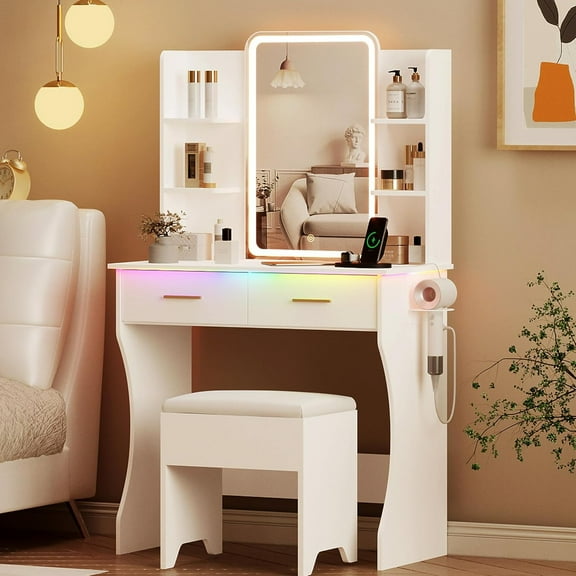 PUFFCAFE Vanity Desk with Mirror and LED Lights,Small Makeup Vanity Table with Storage Drawers & Chair & Power Outlet,Bedroom White Vanity Set