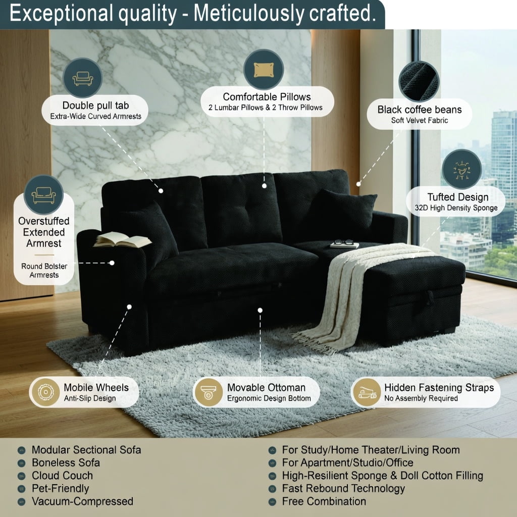 Hommoo Mid-Century Modern Sleeper Sectional Sofa, L-Shaped Convertible Sofa Bed with Reversible Chaise, Hidden Storage & Pull-Out Mattress, Small Space Living Room Furniture, Black
