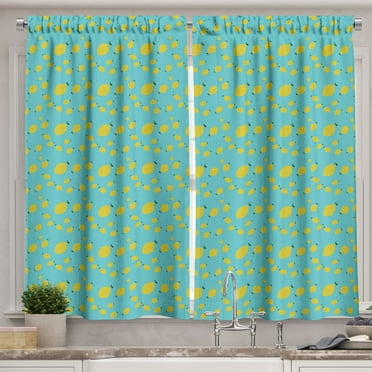 Ambesonne Lemons Kitchen Curtains, Minimalistic Tiny Design, 55"x39", Sky Blue and Yellow