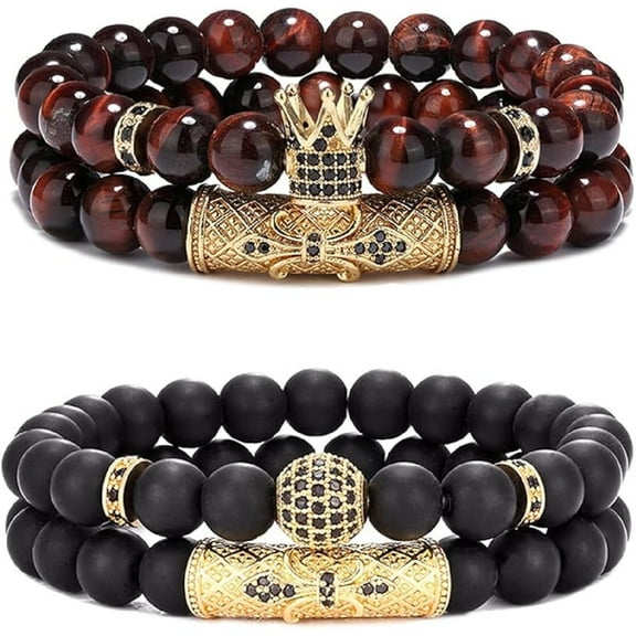 4 Pcs 8mm Crown King Bracelets for Men Women Tiger Eye Black Matte Onyx Cool Natural Stone Beads Bracelets Set