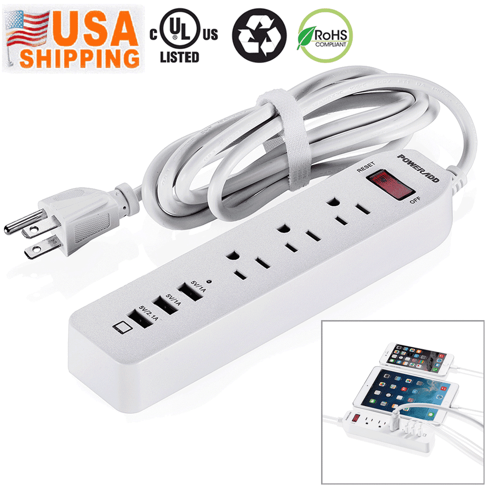 Poweradd 3 Outlet Power Strip Surge Protector Lightningproof with 3 USB Port 5ft