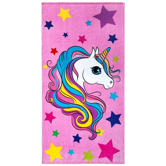 Beachland Unicorn and Stars Beach Towel 30 x 60 inch 100% Cotton Pink Rainbow Colors