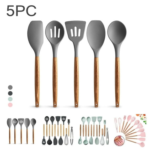 Pluokvzr Silicone Kitchen Utensils For Cooking - Non-stick Silicone Cooking Utensils With Acacia Wood Handle - Heat Resistant & Flexible Silicone Kitchen Utensils Set, (5PC Gray)