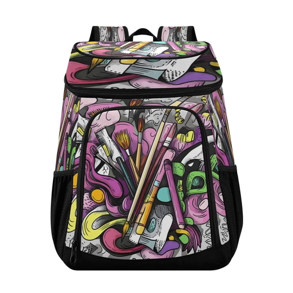 36 Can Capacity Insulated Backpack Cooler Lunch Bag for Picnics, Camping Artistic Collage