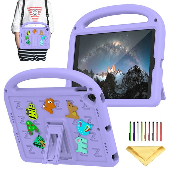 Allytechgroup Kids Case for iPad 8th Generation 10.2 inch, with Shoulder Strap/Handle/Kickstand Cute Cartoon 3D DIY Kawaii Soft EVA Shockproof Stand Lightweight Cover for iPad 10.2 inch 2020, Purple