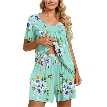 

Womens Pajama Sets 2 Piece Lounge Matching Sets Crewneck Pleated Short Sleeve Blouse and Shorts Comfy Sleepwear Homewear