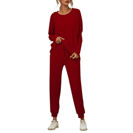 

Women s Solid Color Stripes Loose Loungewear Pajamas Long Sleeved Casual Wear Red S