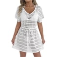 thumbnail image 3 of Laqbezok Women's Crochet Beach Cover Up, Sexy V-Neck Short Sleeve Lace Mini Dress Beachwear, See Through Drawstring Waist Sundress for Summer Resort, 3 of 6