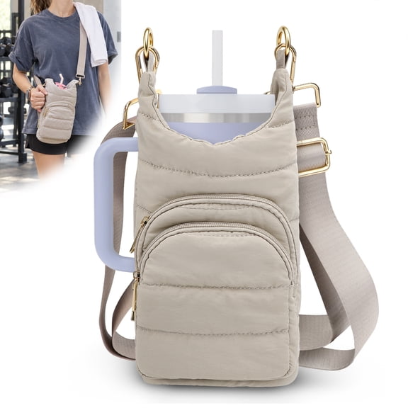 Water Bottle Carrier Bag, TSV 50oz Insulated Water Bottle Holder with Strap & Phone Pocket for Walking, Hiking and Travel, Beige