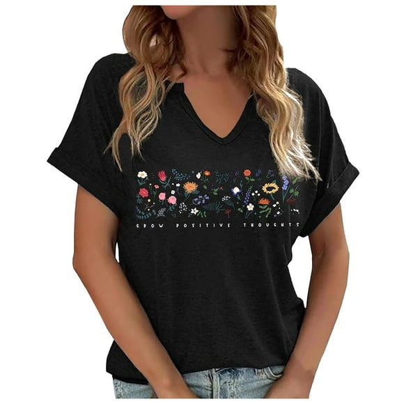LUOGENLI T-shirts pour Femme pour Femmes T-Shirt Décontracté à Col en V Imprimé à Manches Courtes Haut Léger et Confortable Blouse d'Été T-shirts pour Femmes T-shirts Graphiques Vêtements d'Été Noir TTG