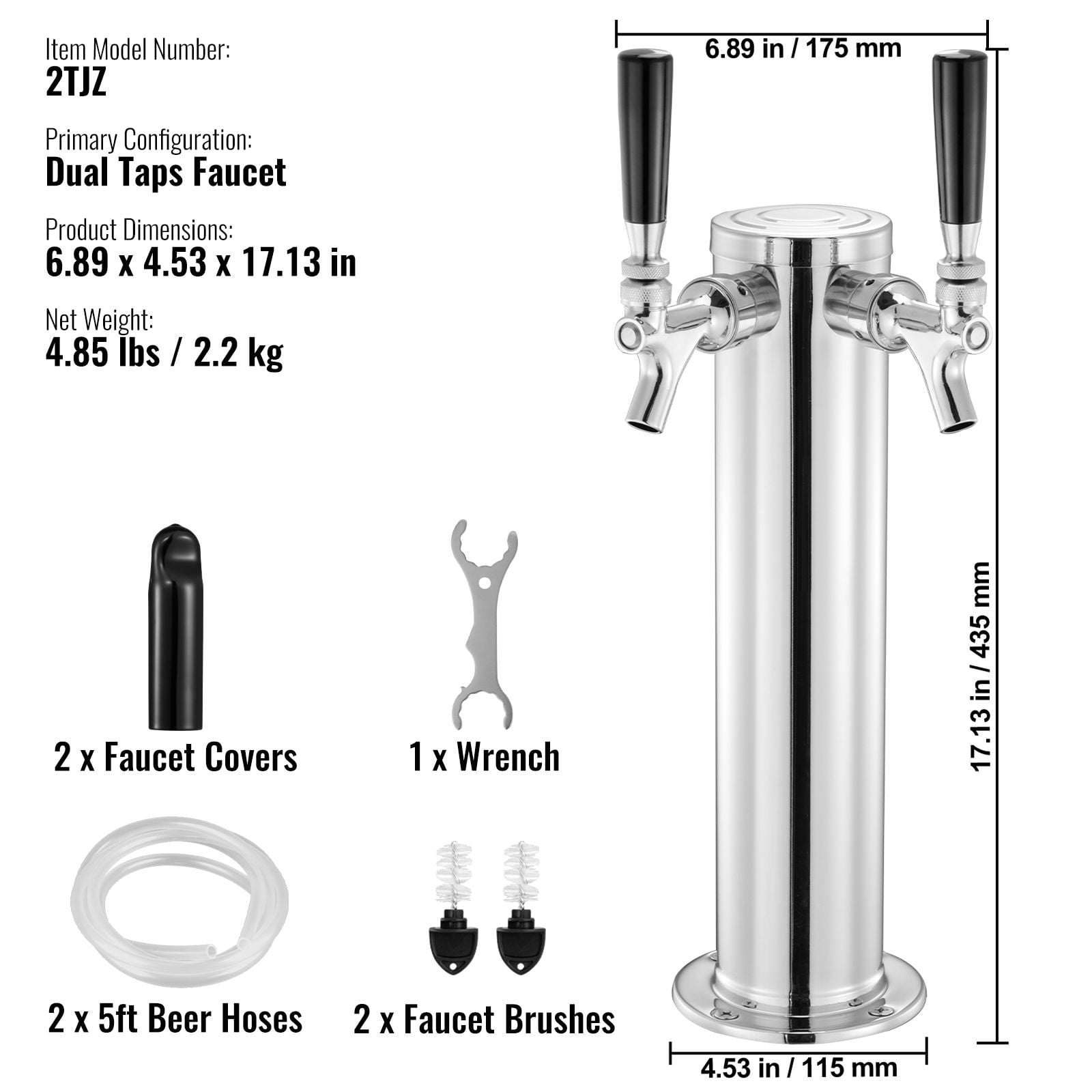 Dual Tap Kegerator Tower Kit with Self-Closing Springs 8mm Insulation for Beer Dispensing