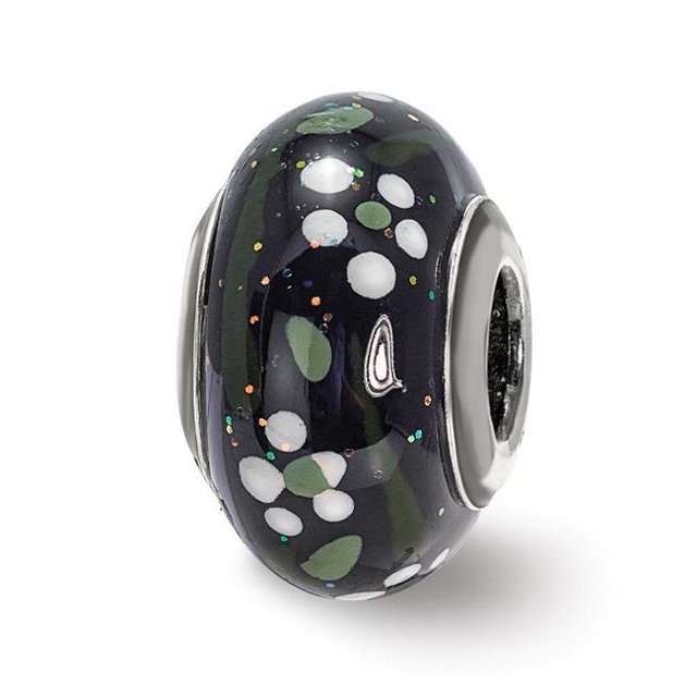 Perle en Verre Italien Noir Glitter Fleurs Blanches Reflections en Argent Sterling