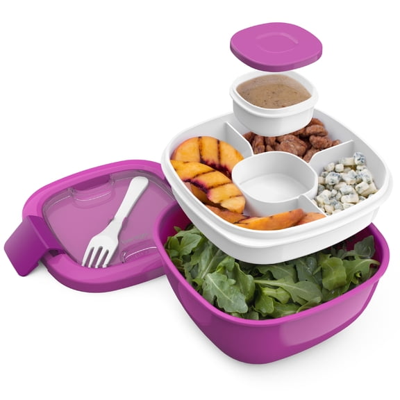 Bentgo® Salad - Stackable Lunch Container with Large 54-oz Salad Bowl, 4-Compartment Bento-Style Tray for Toppings, 3-oz Sauce Container for Dressings, Built-In Reusable Fork & BPA-Free (Blue)