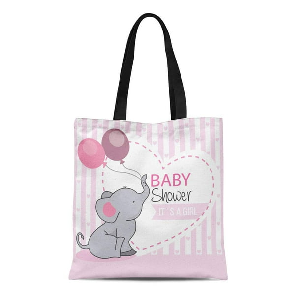 LADDKE Canvas Tote Bag Pink Baby Girl Elephant Balloons Announcement