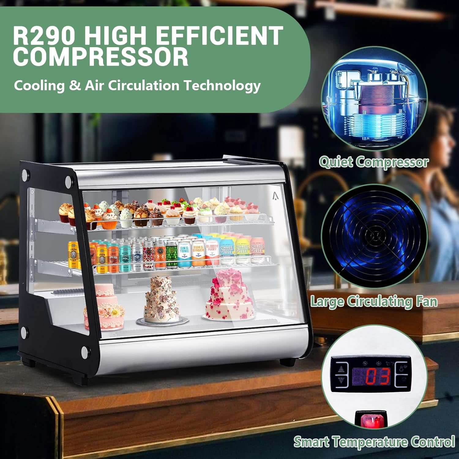 IdealHouse 5.3 Cu.Ft Commercial Countertop Refrigerators Display Case, Stainless Steel Beverage Refrigerator with LED Lighting, Auto Defrost, Adjustable Shelves, Rear Sliding Door for Restaurant
