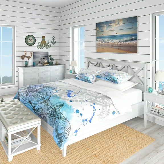 Designart 'Marine Creatures Illustration' Beach Duvet Cover Set